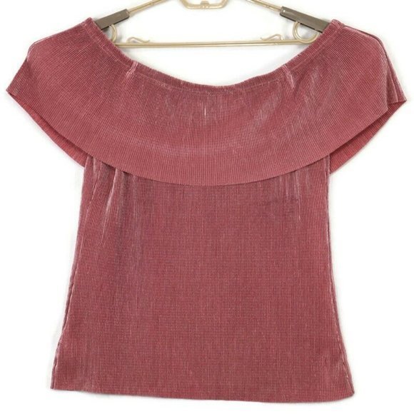 a.n.a Blouse Top Shirt Off The Shoulder Metallic Rose Pink Crinkle‎ L Large - Picture 2 of 11